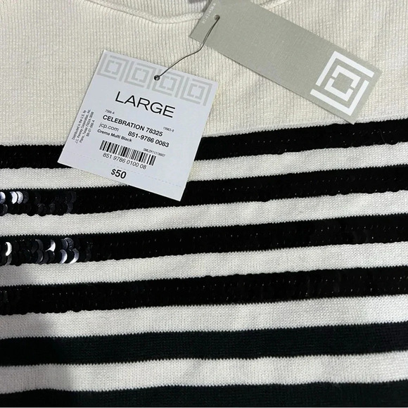 Liz Claiborne white with black stripes cotton sweater nwt Large sequins - Picture 2 of 4